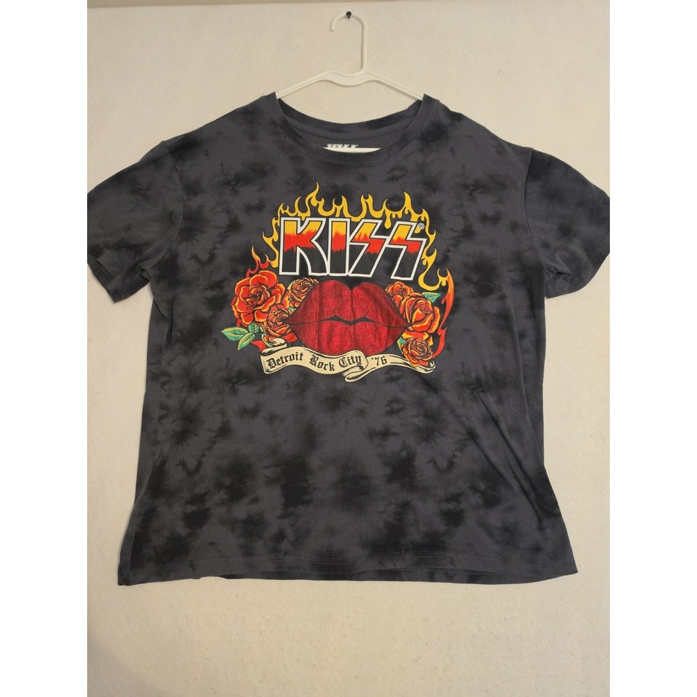 Kiss Women Top 2XL Gray Tie Dye Shirt Detroit Rock City Graphic Short Sleeve Tee